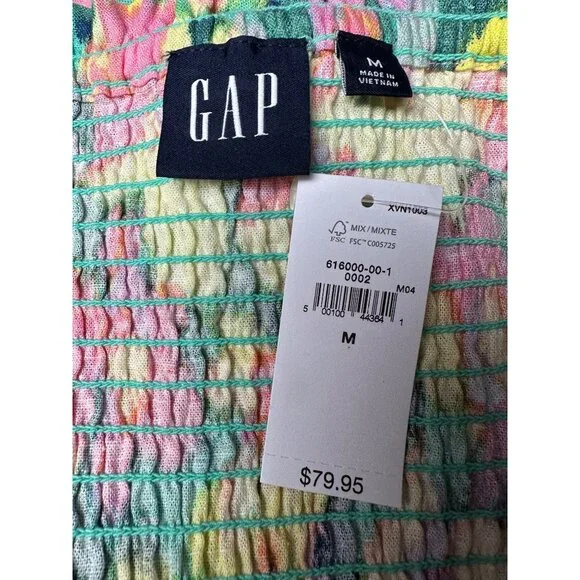 GAP Floral Smocked Dress Medium‎ Linen Cotton Puff Sleeve Colorful Party Cottage - Picture 3 of 13